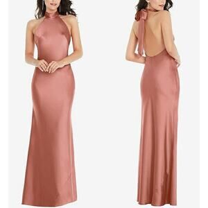 Social Bridesmaids SCARF TIE HIGH-NECK HALTER MAXI SLIP DRESS DESERT ROSE Size L